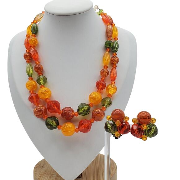West Germany Jewelry - Vintage West Germany Acrylic Bead Necklace Earrings Set Orange Green Retro 1960s